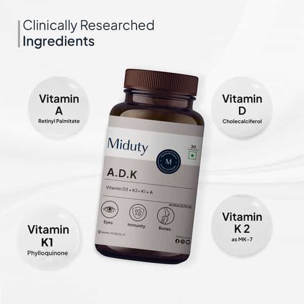 Miduty Vitamin Adk - A D3 K2 - Eyes | Immunity | Weak Bones | Arthritis - Fat Soluble - 30 Capsules