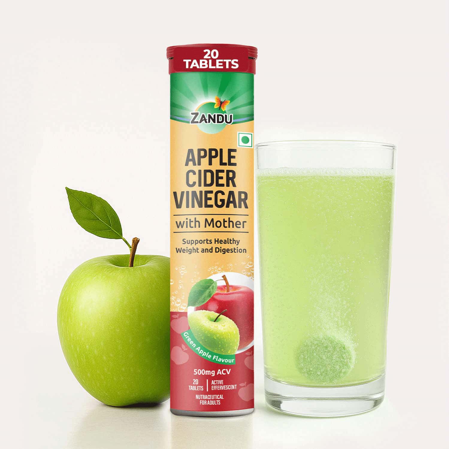 Zandu Apple Cider Vinegar Effervescent Tablets For Weight & Digestion Green Apple Flavour 20 Nos