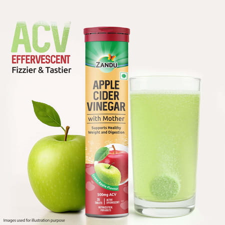 Zandu Apple Cider Vinegar Effervescent Tablets For Weight & Digestion Green Apple Flavour 20 Nos