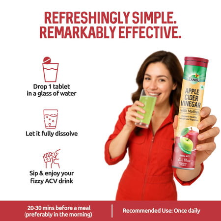 Zandu Apple Cider Vinegar Effervescent Tablets For Weight & Digestion Green Apple Flavour 20 Nos