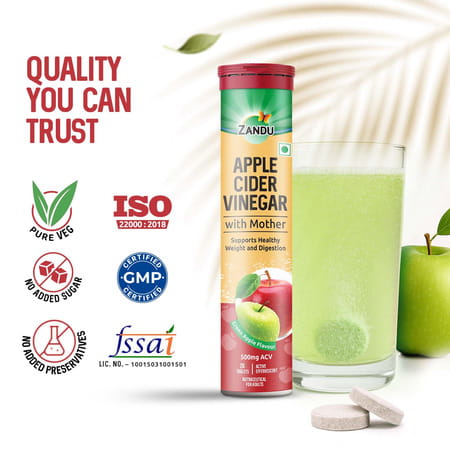 Zandu Apple Cider Vinegar Effervescent Tablets For Weight & Digestion Green Apple Flavour 20 Nos