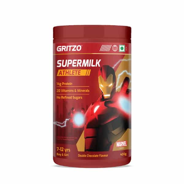 Gritzo Supermilk Athlete Iron Man (7-12Y Boy & Girl) | 14G Protein Powder (Double Chocolate | 400G)