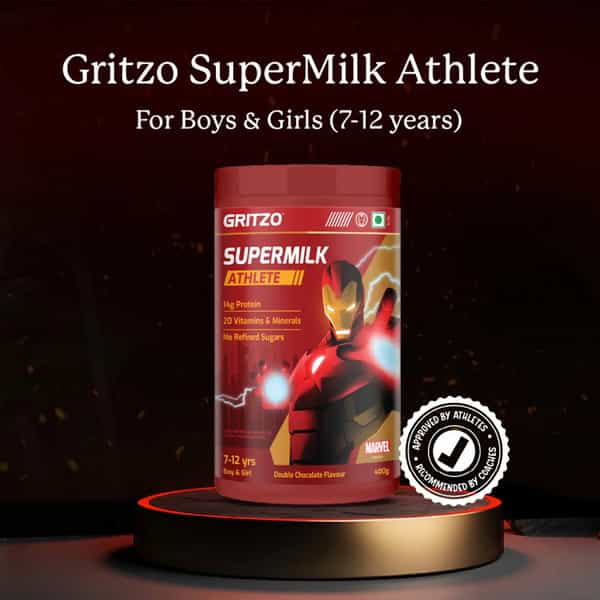 Gritzo Supermilk Athlete Iron Man (7-12Y Boy & Girl) | 14G Protein Powder (Double Chocolate | 400G)
