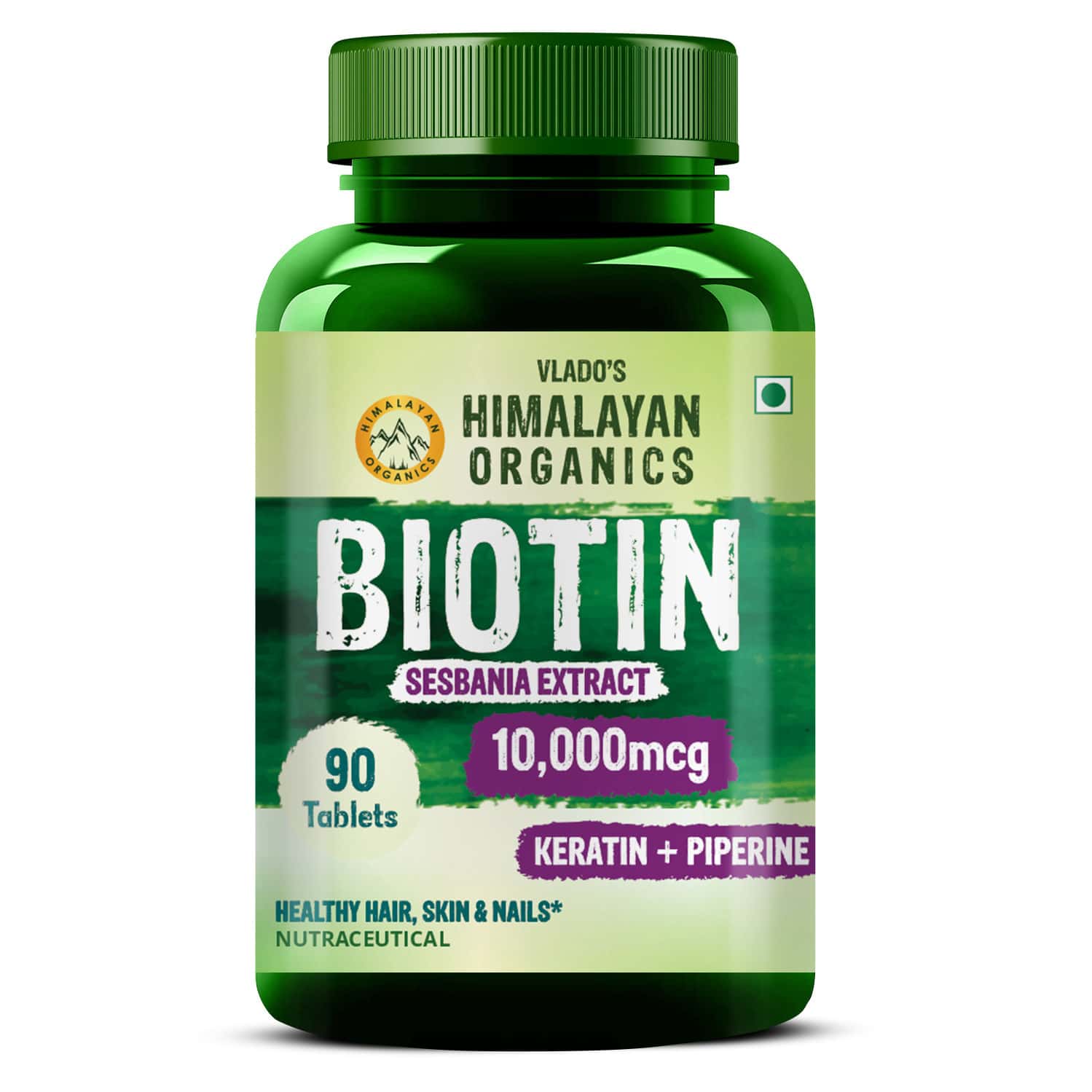 Vlado's Himalayan Organics Biotin 10 | 000mcg With Keratin + Piperine Supplement - 90 Veg Tablets
