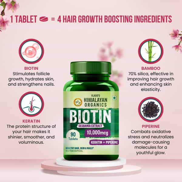 Vlado's Himalayan Organics Biotin 10 | 000Mcg With Keratin + Piperine Supplement - 90 Veg Tablets
