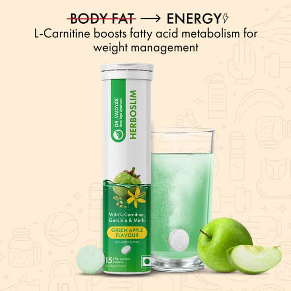 Dr. Vaidya's Herboslim Effervescent With L-Carnitine | Garcinia | Green Apple Flavour | 15 Tablets