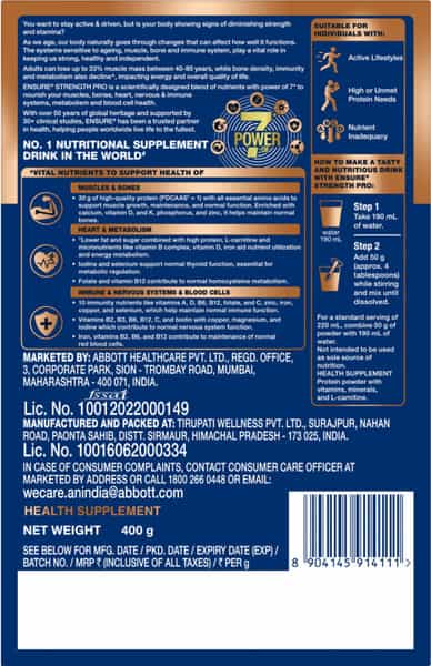 Ensure Strength Pro | 30G Protein | L-Carnitine |Low Gi | Vanilla Delight Flavour Box 400 Gm