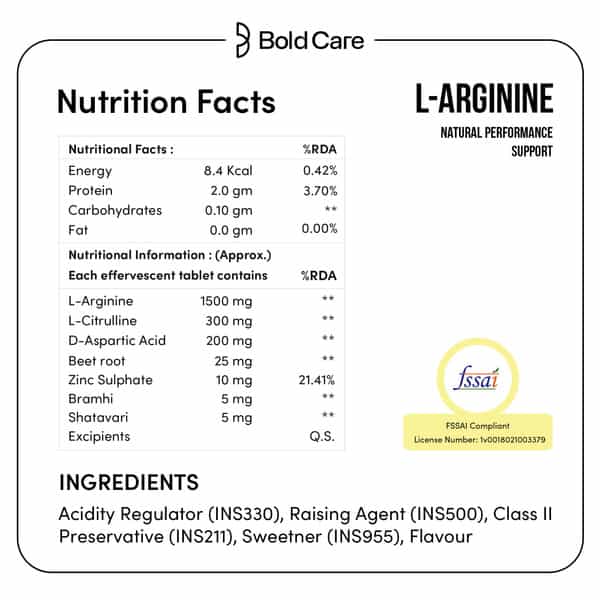 Bold Care L-Arginine Effervescent Tablets|Boosts Stamina|Increases Blood Flow - 20 Tablets