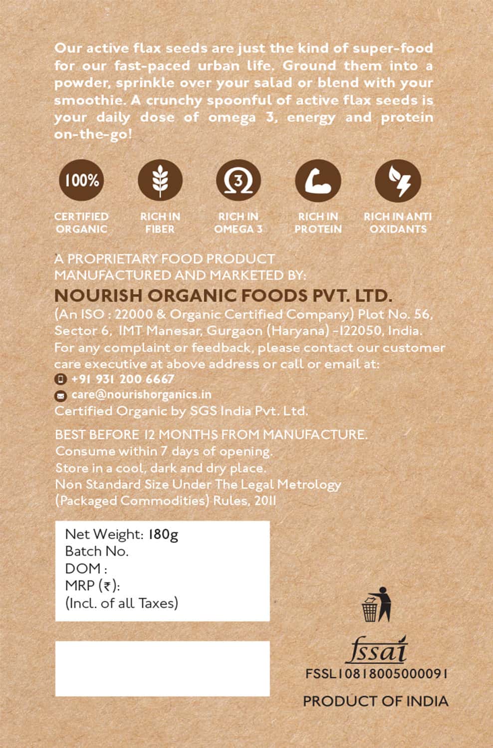 Buy NOURISH ORGANICS ACTIVE FLAX SEEDS 180GMS Online & Get Upto 60