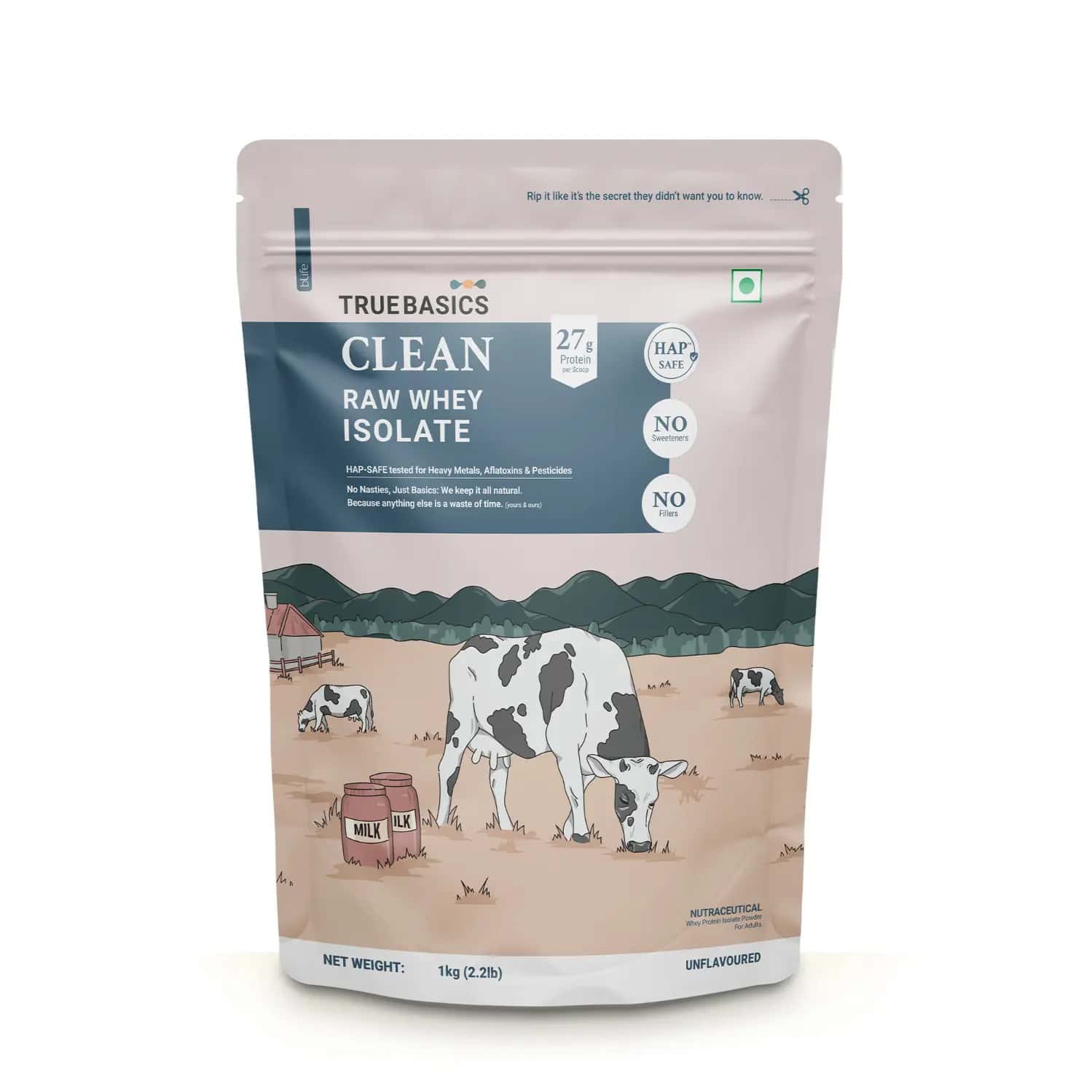 Truebasics Clean Raw Whey Isolate Protein Powder (Unflavoured | 1kg) | 27g Protein