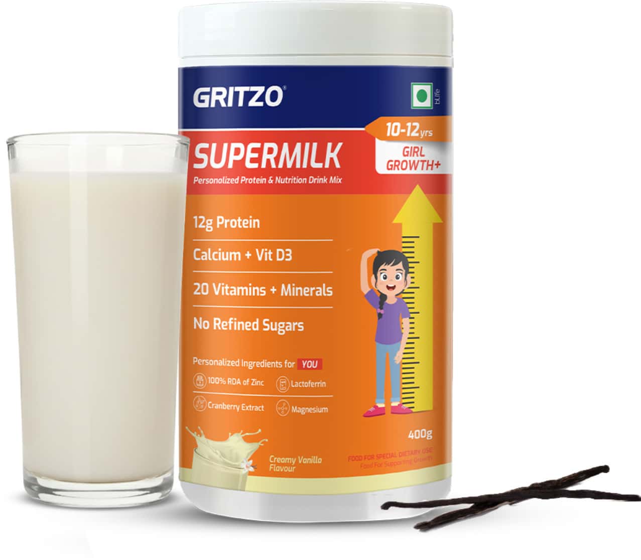 Gritzo Supermilk Growth+ (10-12y Girls) | 12g Protein Powder (creamy Vanilla | 400g)
