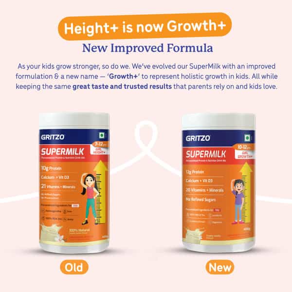 Gritzo Supermilk Growth+ (10-12Y Girls) | 12G Protein Powder (Creamy Vanilla | 400G)