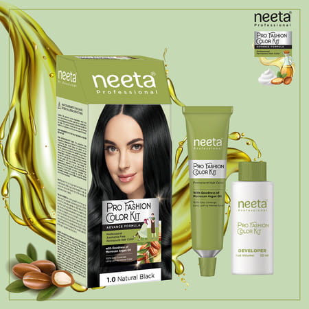 Neeta Professional Pro Fashion Color Kit 1.0 Natural Black 100g | Permanent Creme Hair Color