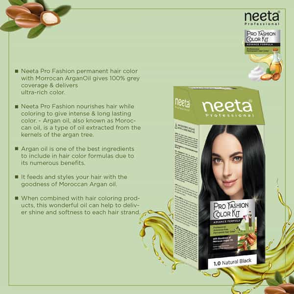 Neeta Professional Pro Fashion Color Kit 1.0 Natural Black 100G | Permanent Creme Hair Color