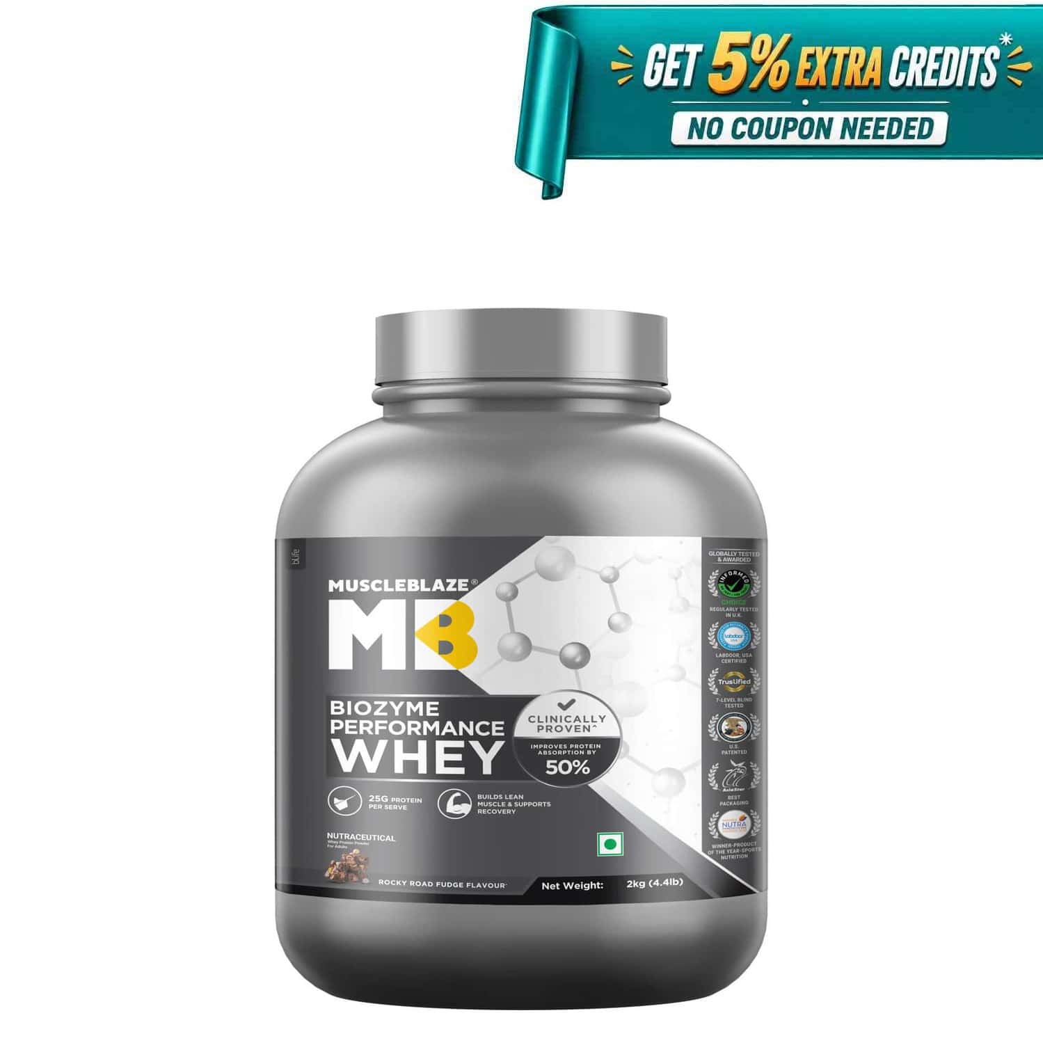 Muscleblaze Biozyme Performance Whey Protein Powder | Rocky Road Fudge (2kg) | 25g Protein Per Scoop