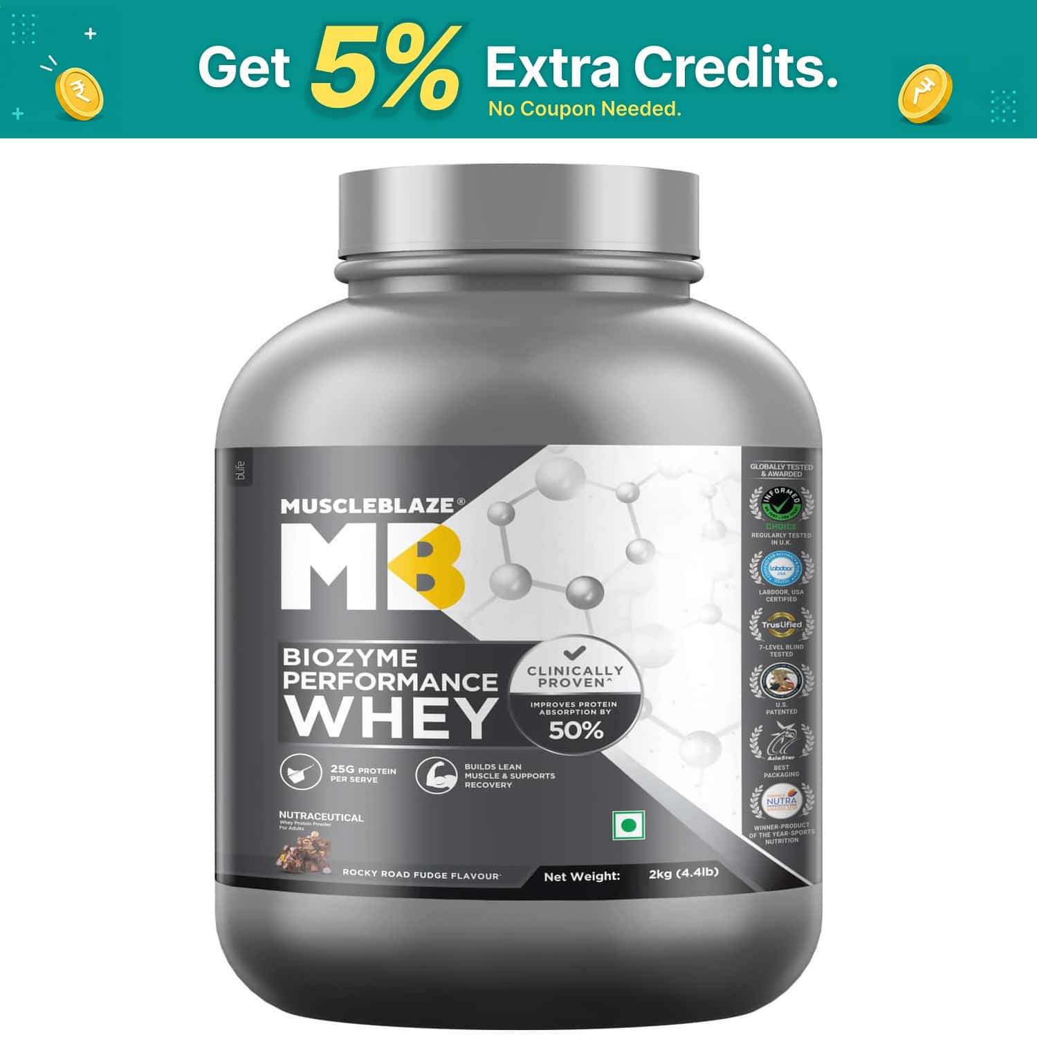 Muscleblaze Biozyme Performance Whey Protein Powder | Rocky Road Fudge (2kg) | 25g Protein Per Scoop