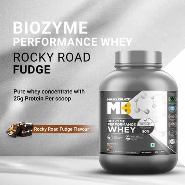 Muscleblaze Biozyme Performance Whey Protein Powder | Rocky Road Fudge (2Kg) | 25G Protein Per Scoop