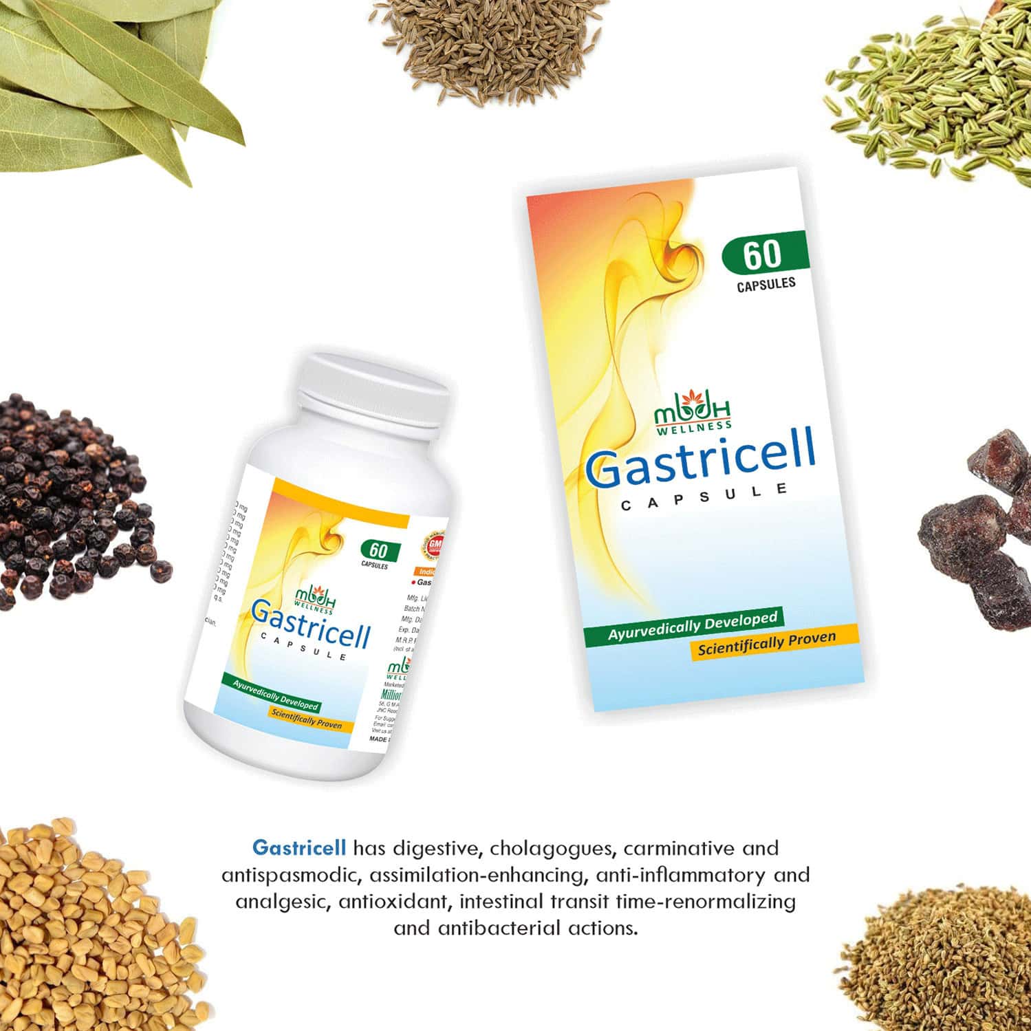 Buy MBDHWELLNESS GASTRICELLAYURVEDIC CAPSULE FOR GAS ACIDITY DYSPESIAJIRA AJWAIN (PACK OF 2