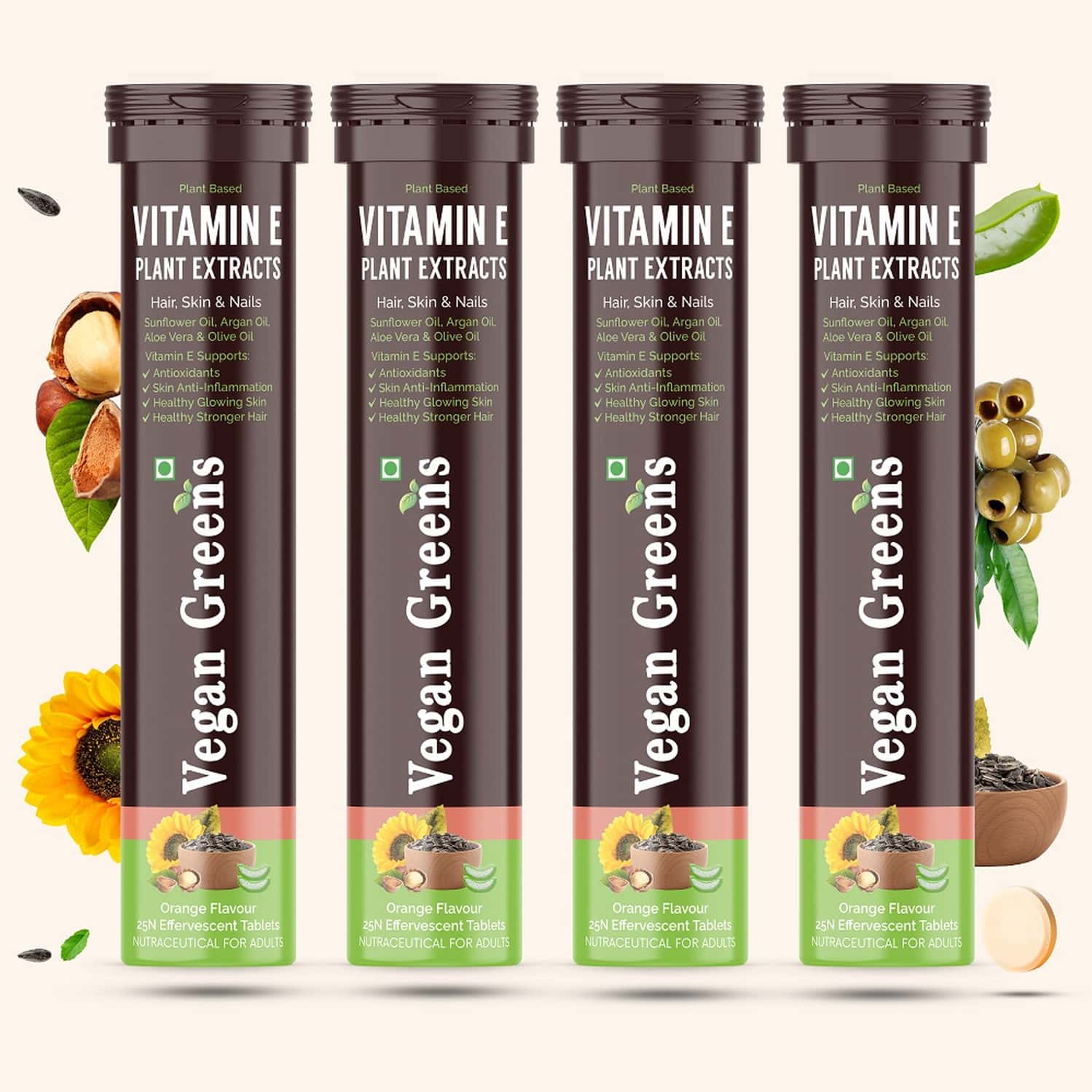 Vegan Greens Plant Based Vitamin E From Sunflower, Aloe Vera, Olive & Argan Oil. 100 Effer., Orange