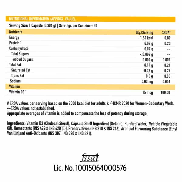 Truebasics Vitamin D3 600 Iu (50 Capsules) | For Strong Bones | Muscle Strength & Immunity