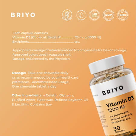 Briyo Vitamin D3 1000 Iu 90 Softgel Capsules