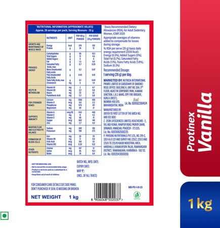 Protinex Health And Nutritional Powder For Adults Creamy Vanilla Flavor Sugar Free Refill Of 1kg