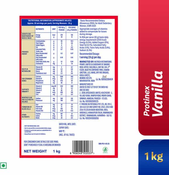 Protinex Health And Nutritional Powder For Adults Creamy Vanilla Flavor Sugar Free Refill Of 1Kg