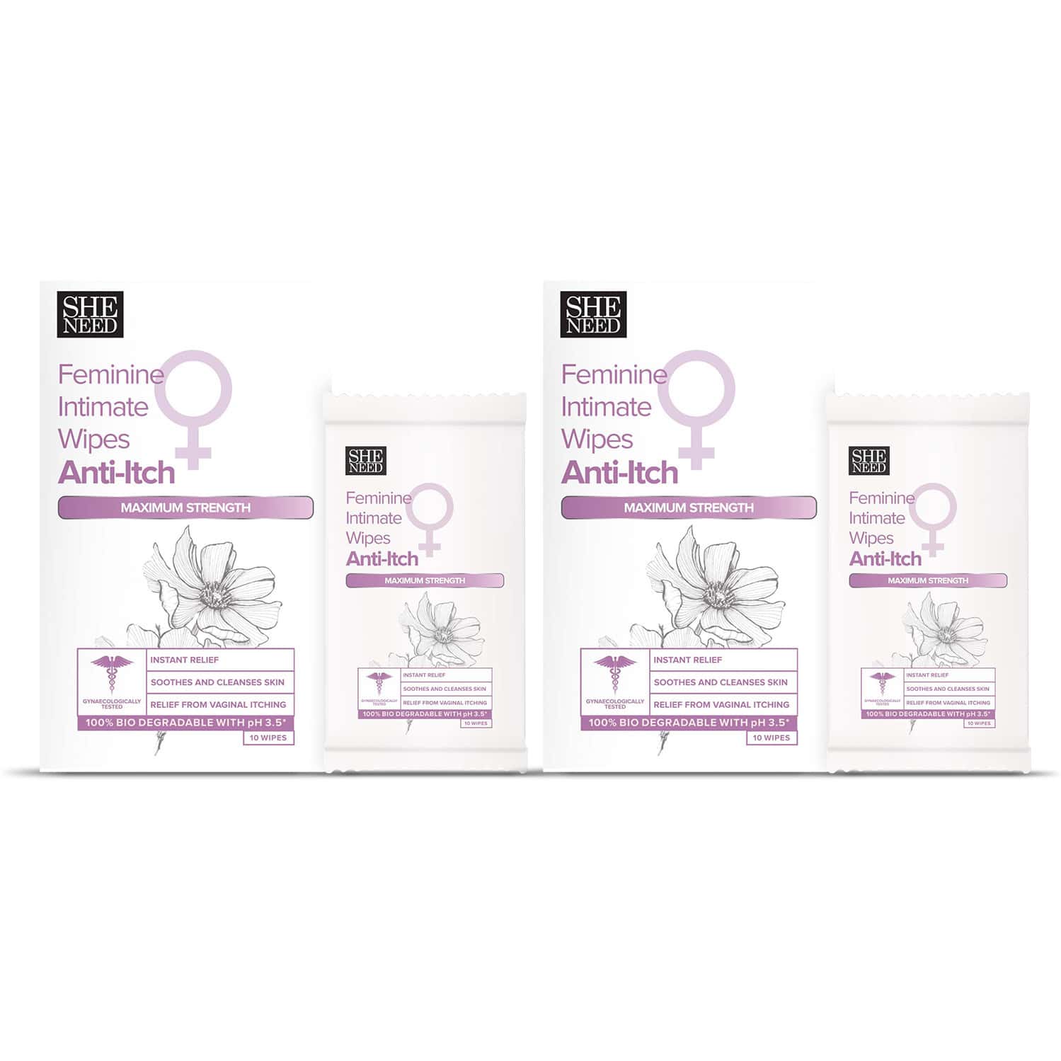 Sheneed Feminine Intimate Anti-itch Wipes With Maximum Strength | All Skin Types | 10n Pack Of 2