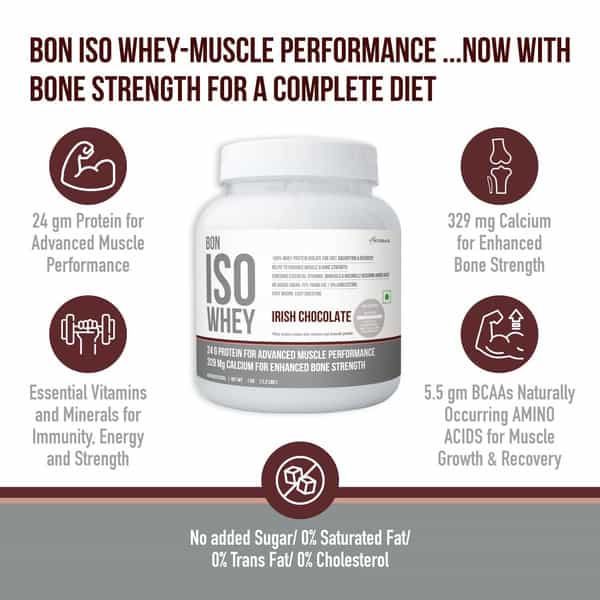 Bon Iso Whey 100% Protein Isolate | Irish Chocolate|24G Protein | 329 Mg Calcium | 5.5G Bcaa|450G
