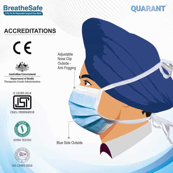Quarant 3 Ply Tie On Surgical Face Mask With Adjustable Nose Pin Uv Sterilized - Pack Of 50