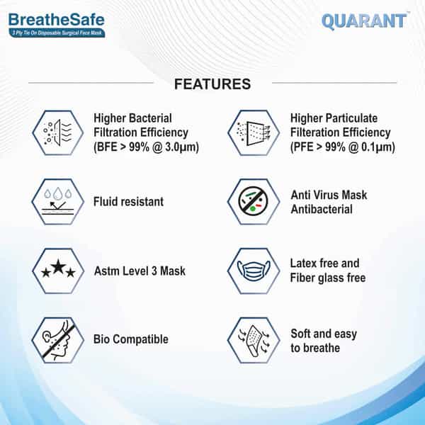 Quarant 3 Ply Tie On Surgical Face Mask With Adjustable Nose Pin Uv Sterilized - Pack Of 50