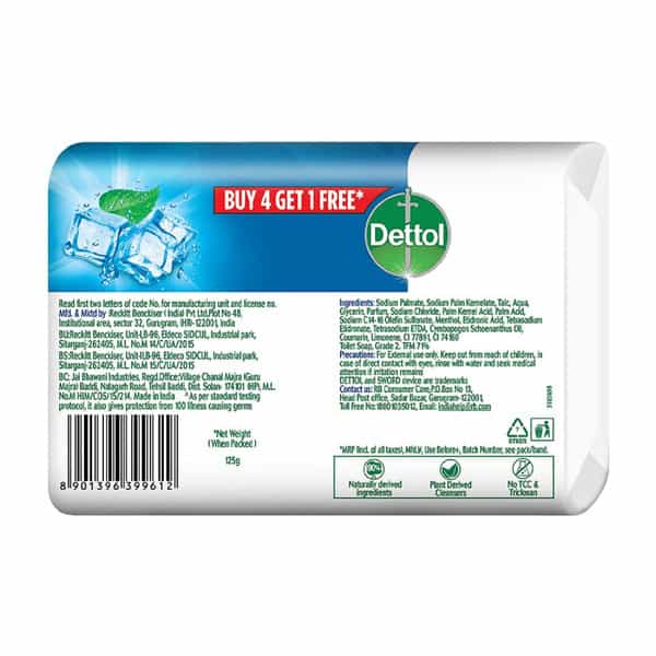 Dettol Intense Cool Bathing Soap Bar With Menthol (Buy 4 Get 1 Free - 125G Each) | Combo Offer