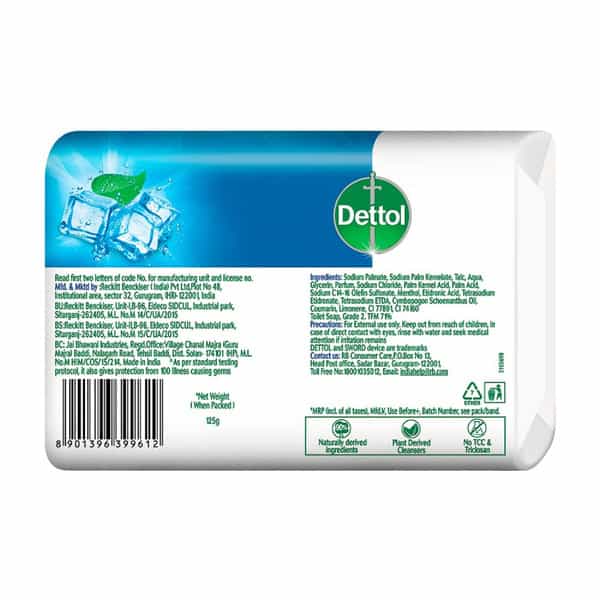 Dettol Intense Cool Bathing Soap Bar With Menthol (Buy 4 Get 1 Free - 125G Each) | Combo Offer