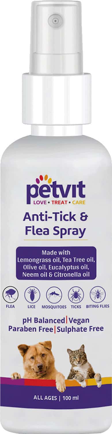 Petvit Anti-Tick & Flea Spray With Lemongrass Oil Tea Tree Oil For All Breed Dog & Cat 100ml