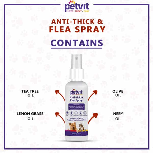 Petvit Anti-Tick & Flea Spray With Lemongrass Oil Tea Tree Oil For All Breed Dog & Cat 100Ml