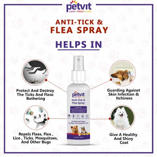 Petvit Anti-Tick & Flea Spray With Lemongrass Oil Tea Tree Oil For All Breed Dog & Cat 100Ml