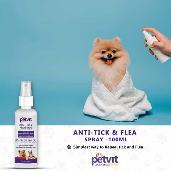 Petvit Anti-Tick & Flea Spray With Lemongrass Oil Tea Tree Oil For All Breed Dog & Cat 100Ml