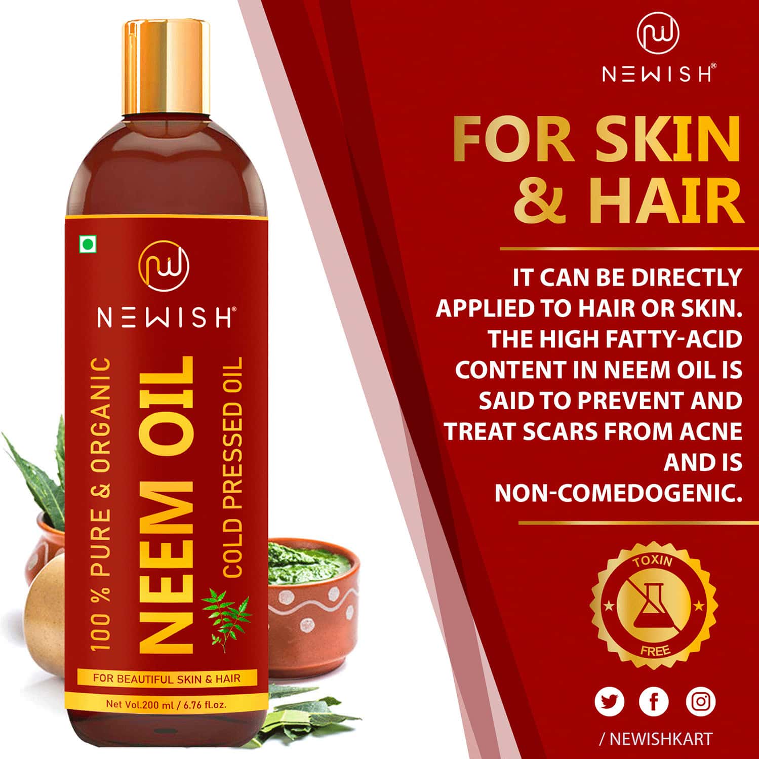 Buy NEWISH COLD PRESSED ORGANIC NEEM OIL FOR SKIN & HAIR 200ML Online