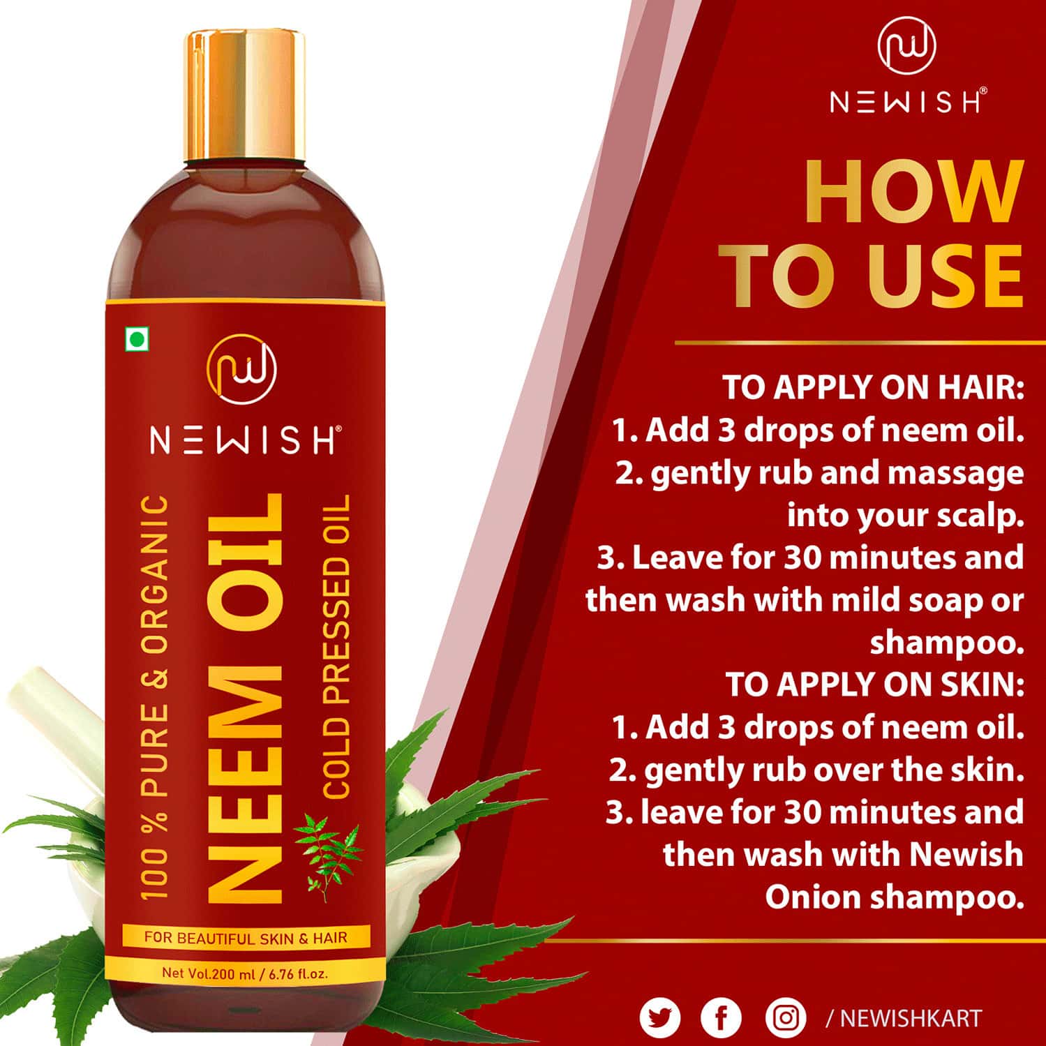 Buy NEWISH COLD PRESSED ORGANIC NEEM OIL FOR SKIN & HAIR 200ML Online