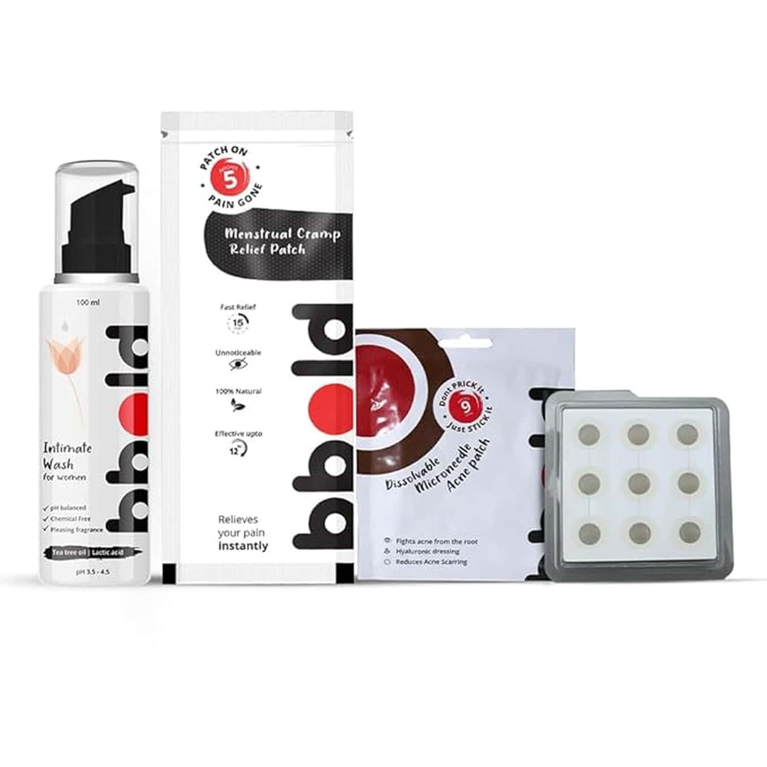 Bbold Womens Essential Care Combo Bbold Intimate Wash | Menstrual Cramp Patches | Acne Patch