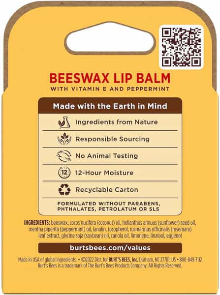 Burt's Bees Beeswax Lip Balm | Vitamin E & Peppermint | 4.25 G | Pack Of 4