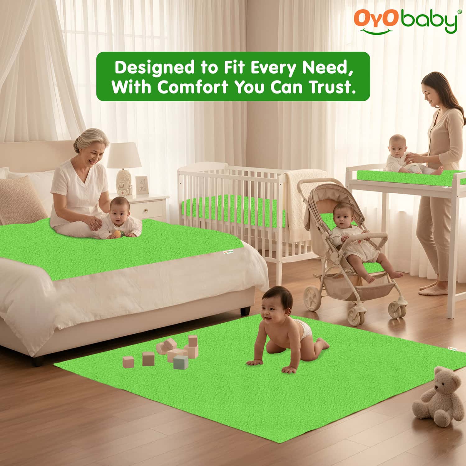 Oyo Baby- Waterproof Baby Bed Protector For Anti-Piling Fleece Pack Of 2 (140cmx100cm) Light Green