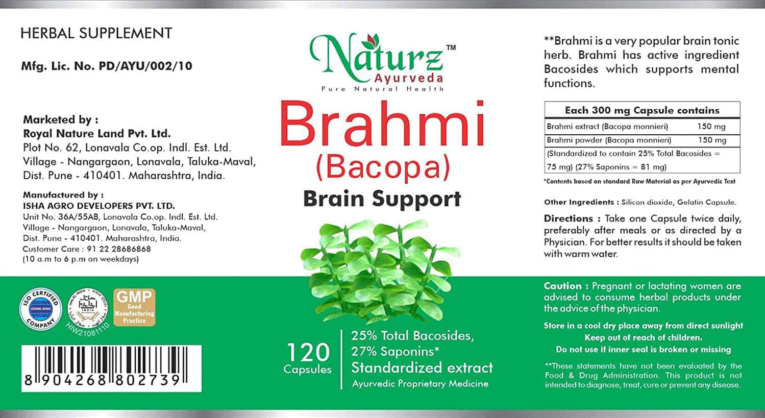 Buy NATURZ AYURVEDA BACOPA (BRAHMI) 300MG 120 CAPSULES (PACK OF 5 ...