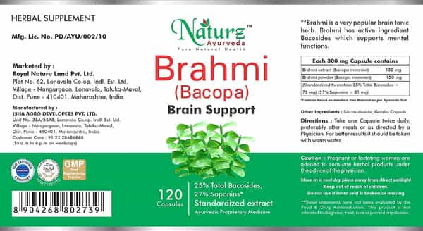 Naturz Ayurveda Bacopa (Brahmi) 300Mg 120 Capsules (Pack Of 5)