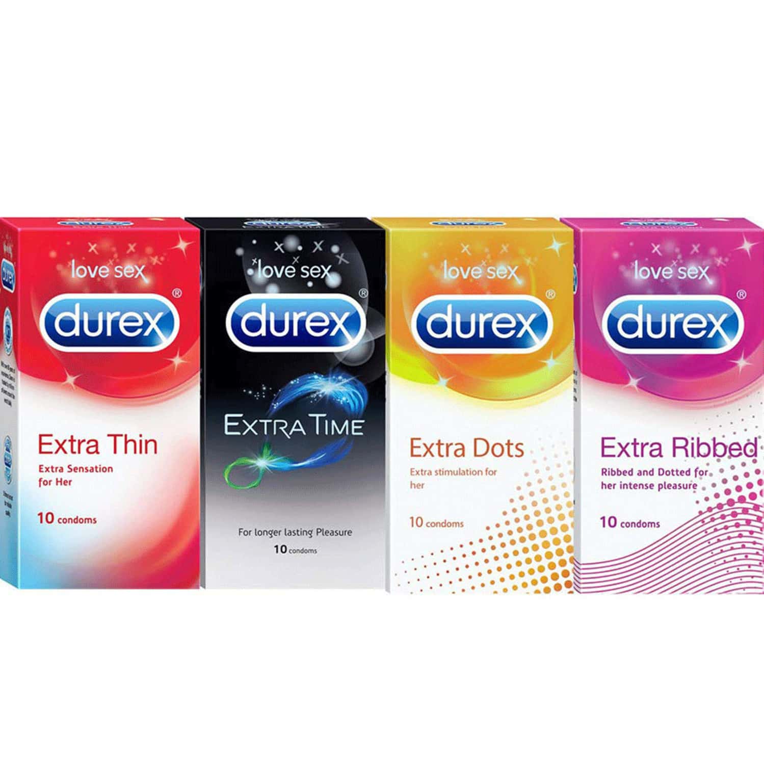 Durex Multipack Condoms Men (Extra Time Extra Dotted Extra Ribbed Extra Time) -10count Pack Of 4