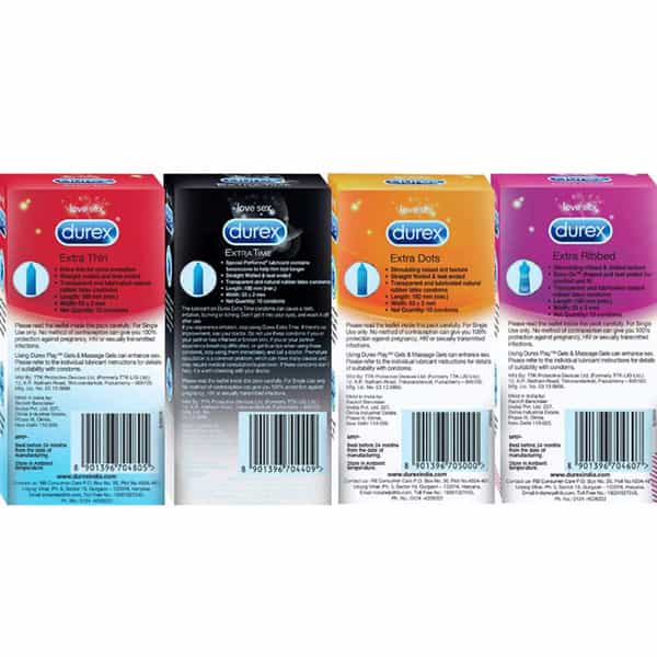 Durex Multipack Condoms Men (Extra Time Extra Dotted Extra Ribbed Extra Time) -10Count Pack Of 4