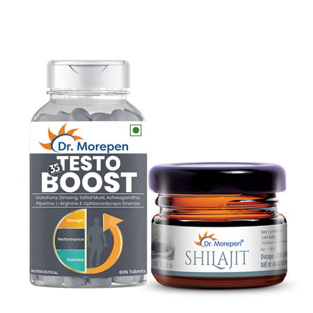 Dr. Morepen Natural & Pure Shilajit Resin - 15gm And Testo Boost For Men - 60 Veg Tablets