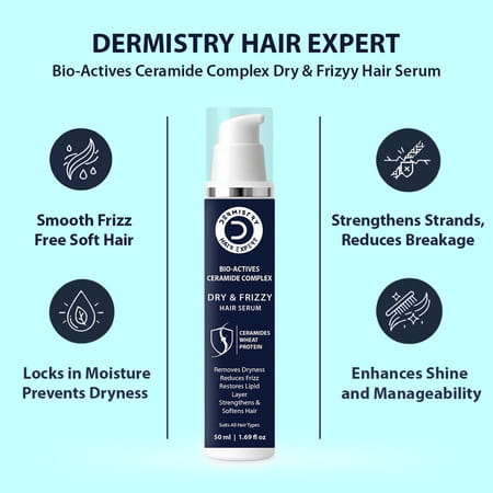 Dermistry Dry & Frizzy Hair Serum With Ceramides Protein Smoothening Hydration Frizz Control 50ml