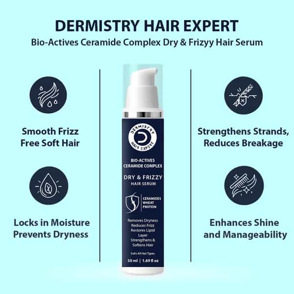 Dermistry Dry & Frizzy Hair Serum With Ceramides Protein Smoothening Hydration Frizz Control 50Ml