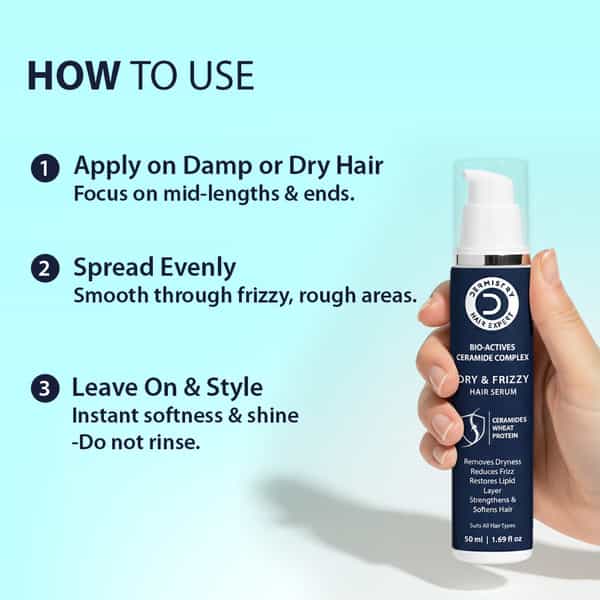 Dermistry Dry & Frizzy Hair Serum With Ceramides Protein Smoothening Hydration Frizz Control 50Ml